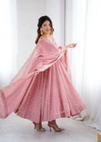 Pink Crunchy Silk Sequence Embroidery Anarkali Gown Suit