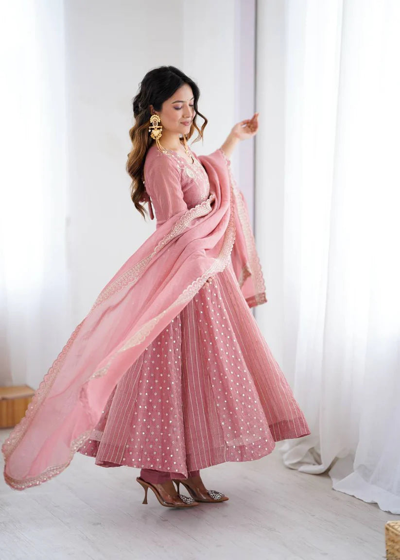 Pink Crunchy Silk Sequence Embroidery Anarkali Gown Suit