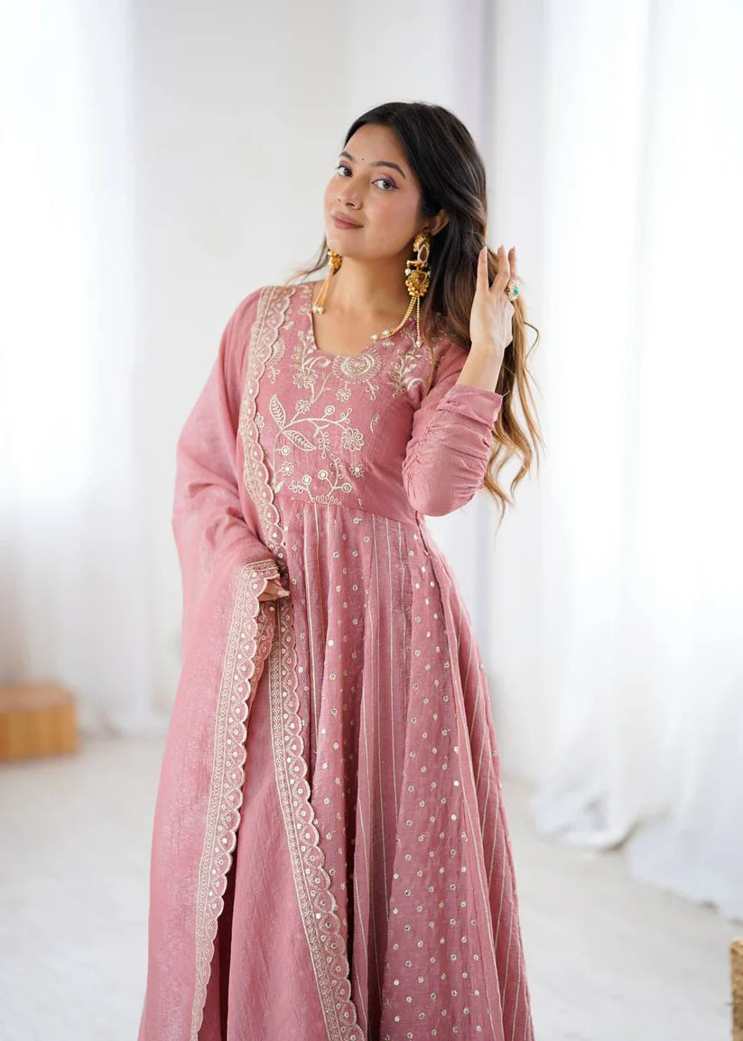 Pink Crunchy Silk Sequence Embroidery Anarkali Gown Suit