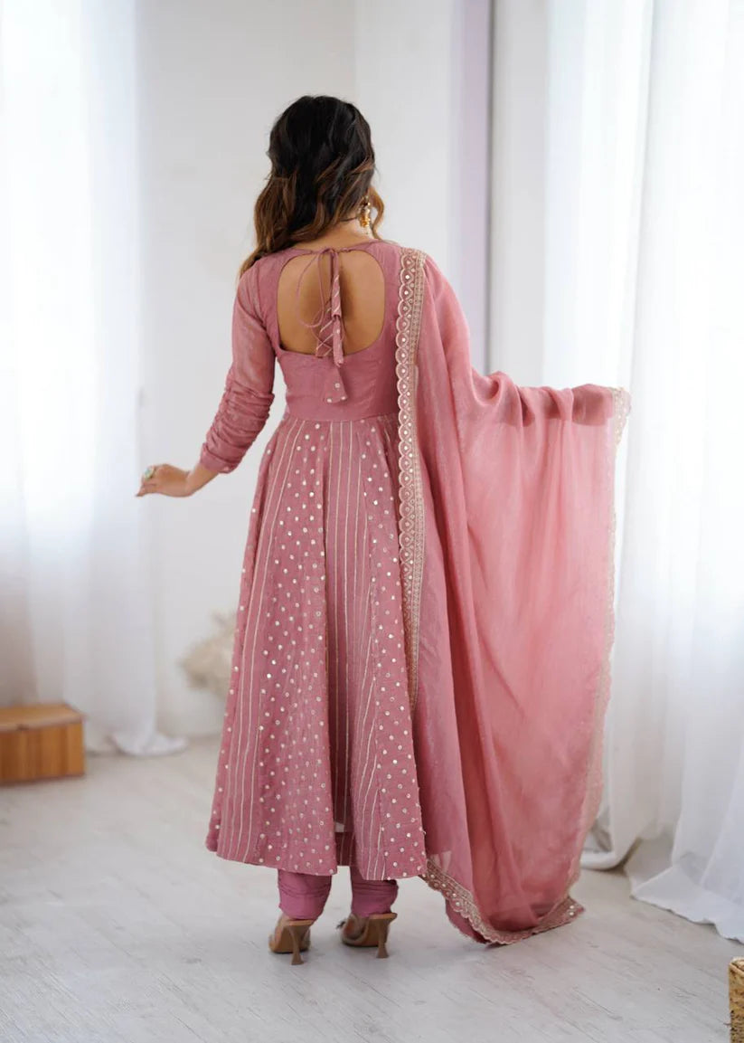 Pink Crunchy Silk Sequence Embroidery Anarkali Gown Suit