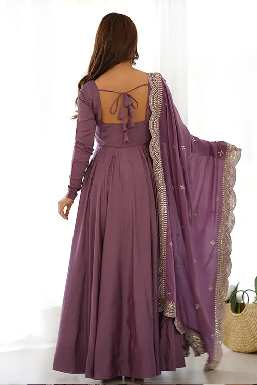 Lavender Roman Silk Anarkali Gown Set With Dupatta