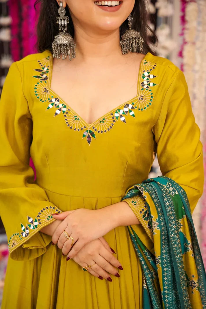 Classic Yellow Chinnon Silk Embroidered Anarkali with Dupatta