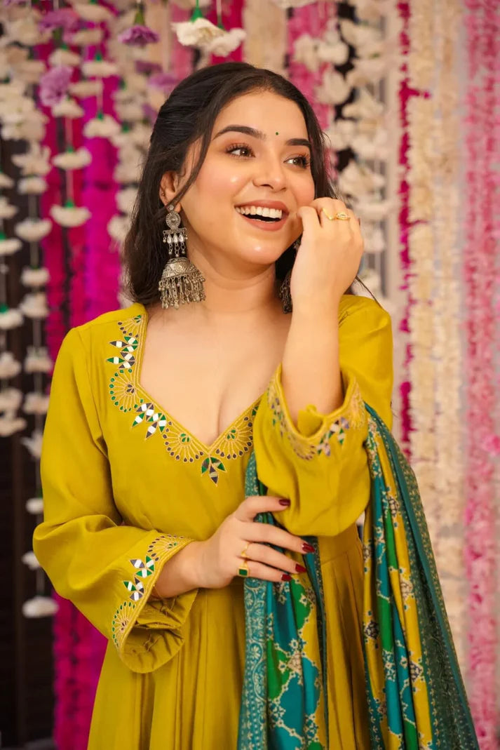 Classic Yellow Chinnon Silk Embroidered Anarkali with Dupatta