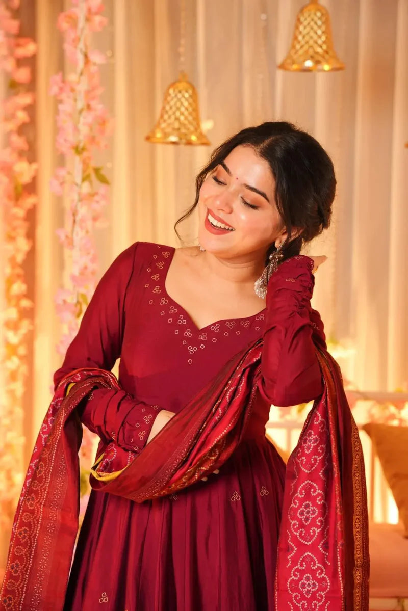 Designer Chinnon Silk Gown With Flair Plazzo & Dupatta