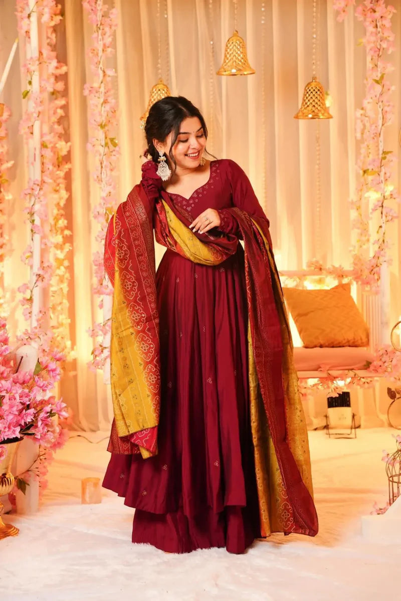 Designer Chinnon Silk Gown With Flair Plazzo & Dupatta