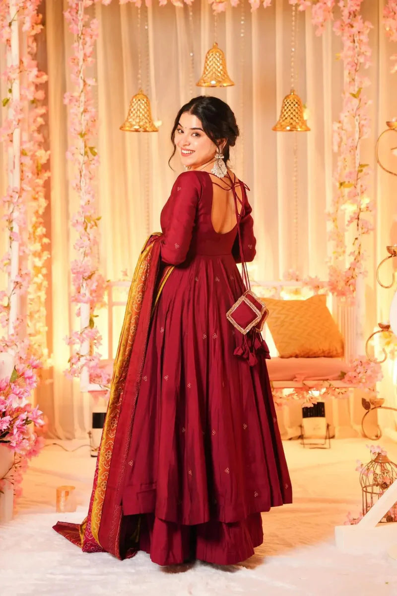 Designer Chinnon Silk Gown With Flair Plazzo & Dupatta