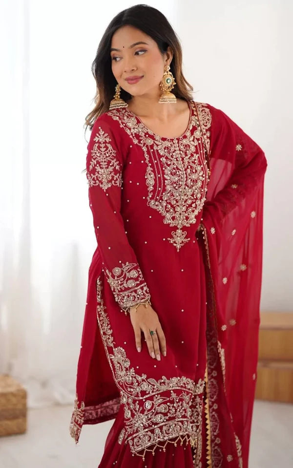 Premium Red Faux Georgette Sharara Set with Dupatta