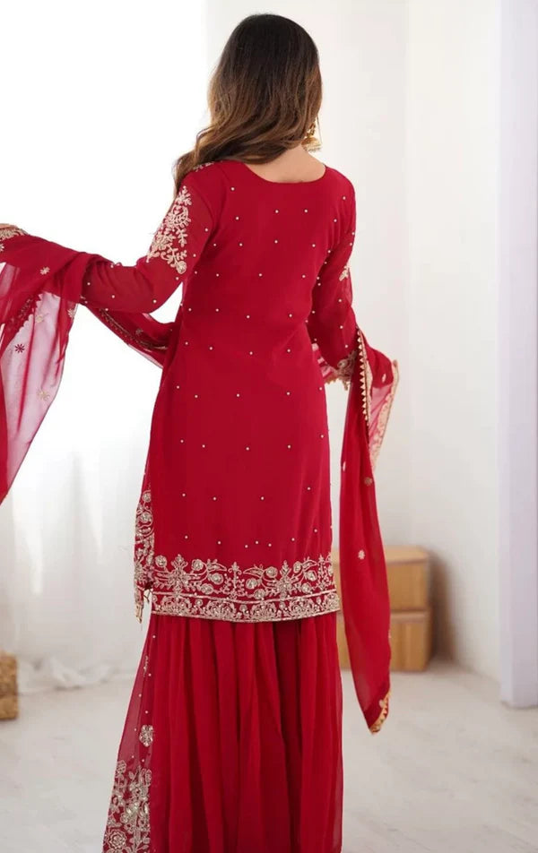 Premium Red Faux Georgette Sharara Set with Dupatta