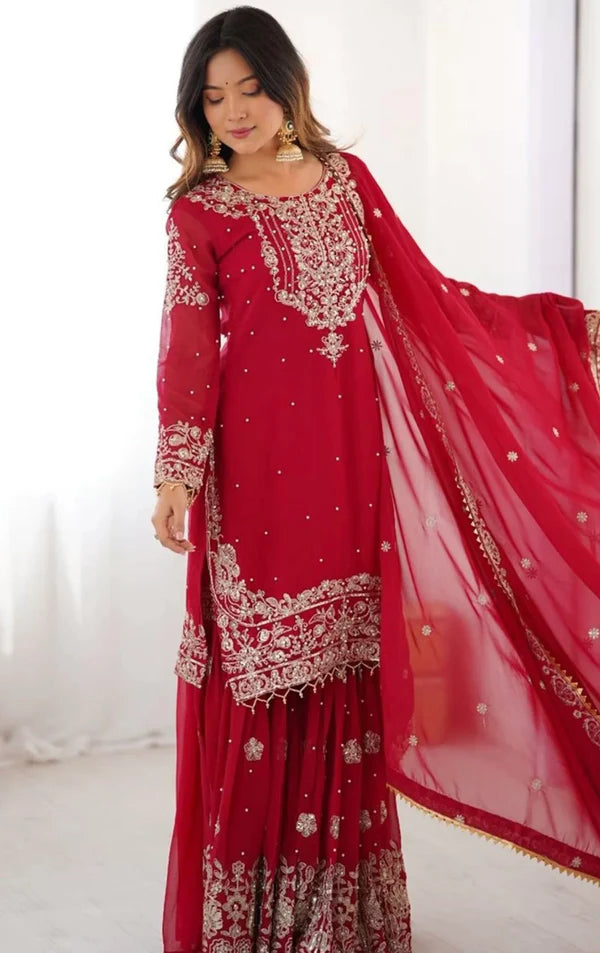 Premium Red Faux Georgette Sharara Set with Dupatta