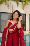 Designer Wine Red Anarkali Suit Set Premium Tabby Organza Mukesh Handcrafted Work