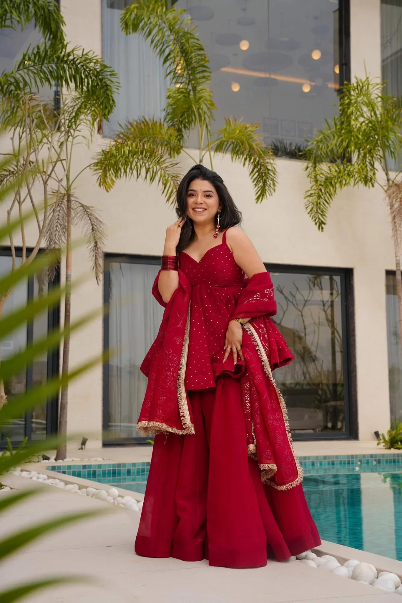 Designer Wine Red Anarkali Suit Set Premium Tabby Organza Mukesh Handcrafted Work