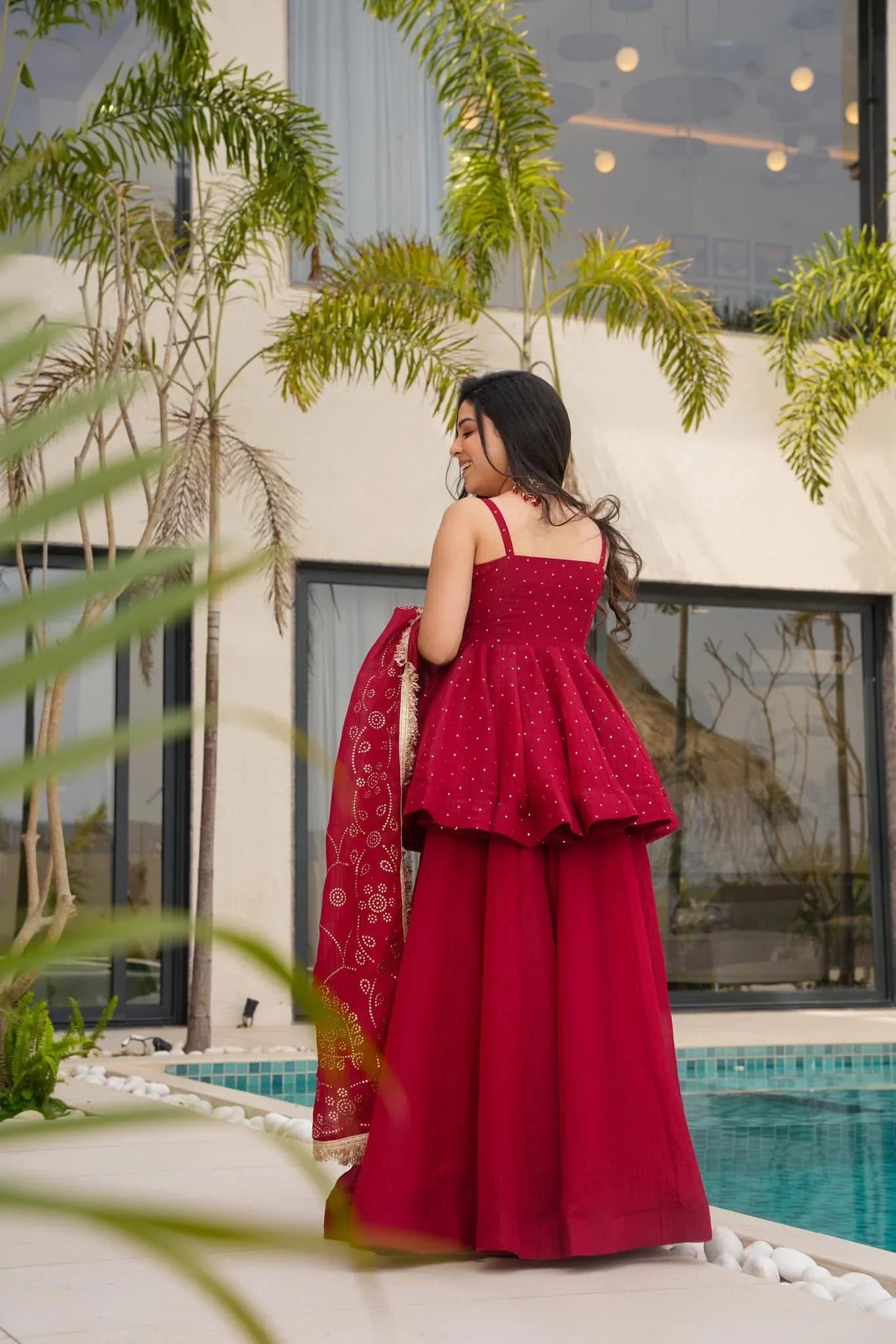 Designer Wine Red Anarkali Suit Set Premium Tabby Organza Mukesh Handcrafted Work