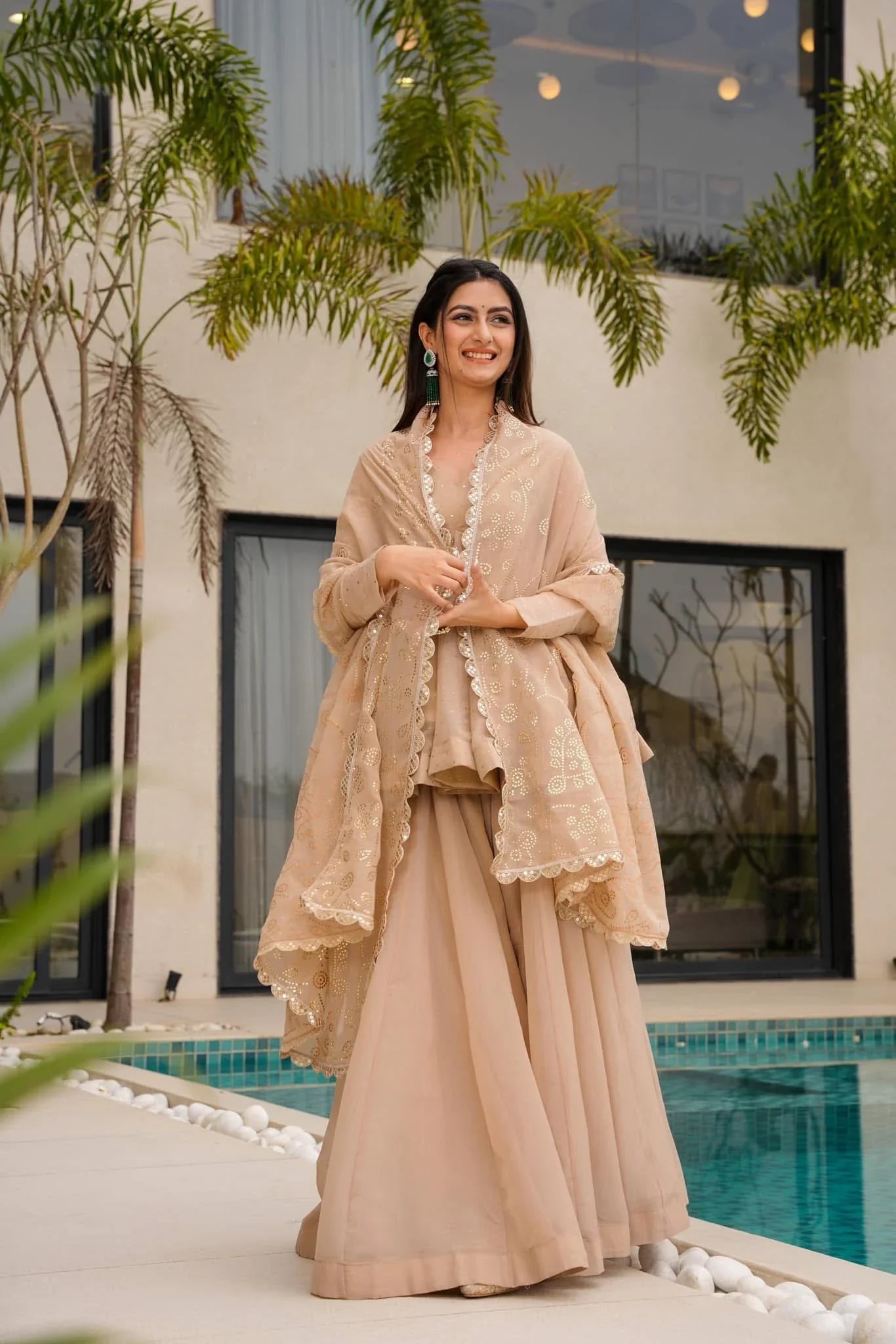 Beige Trending Suit Set Tabby Organza Fabric Mukesh Handwork