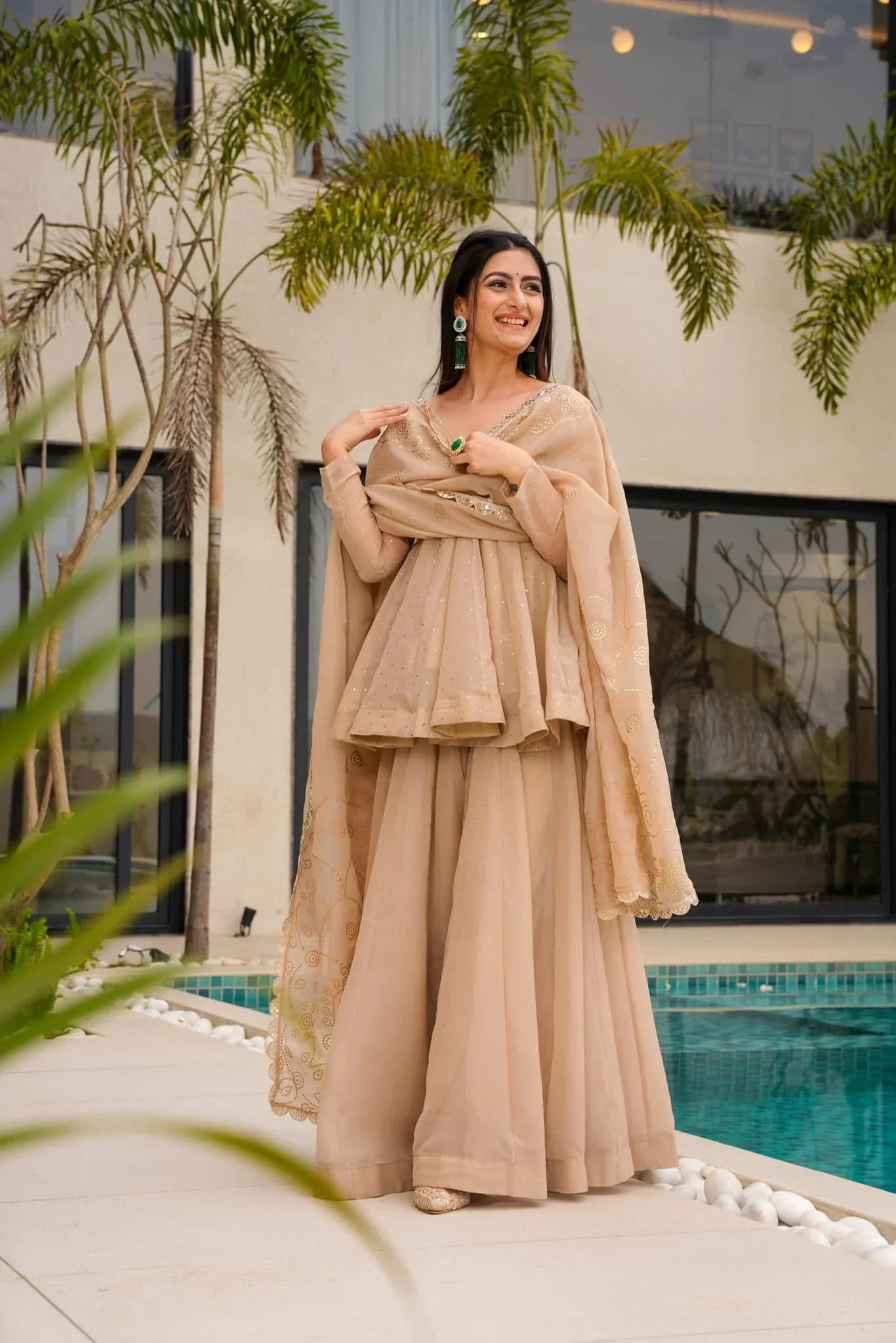 Beige Trending Suit Set Tabby Organza Fabric Mukesh Handwork