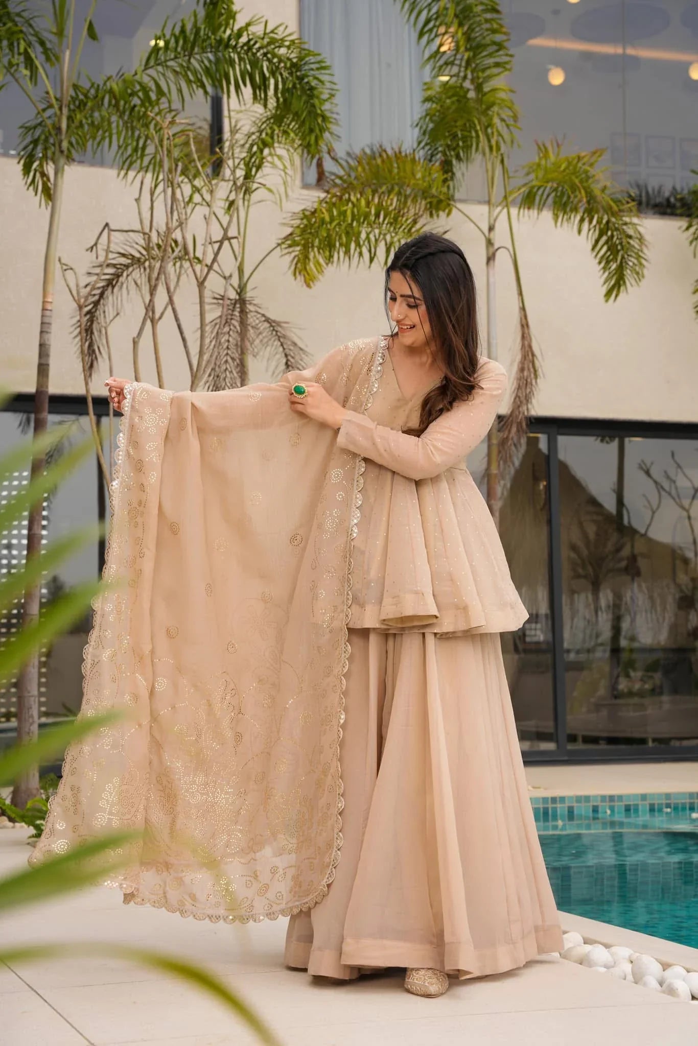 Beige Trending Suit Set Tabby Organza Fabric Mukesh Handwork