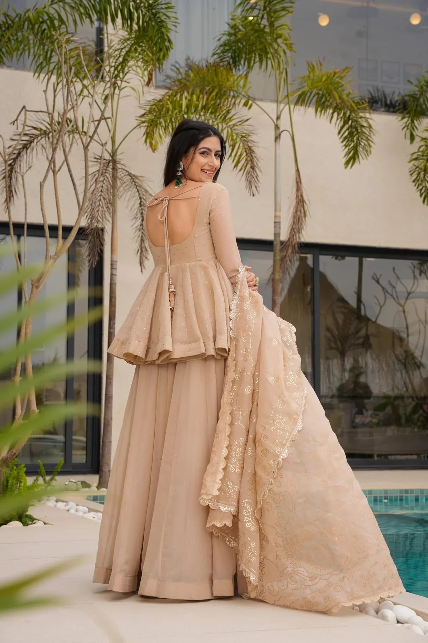 Beige Trending Suit Set Tabby Organza Fabric Mukesh Handwork