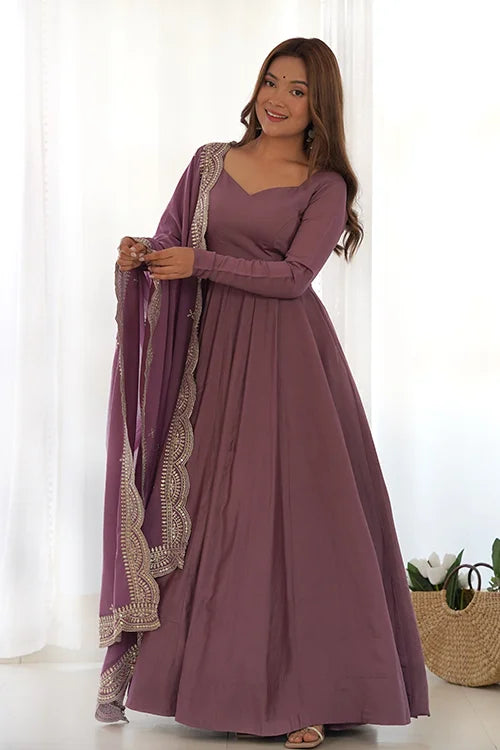 Lavender Roman Silk Anarkali Gown Set With Dupatta