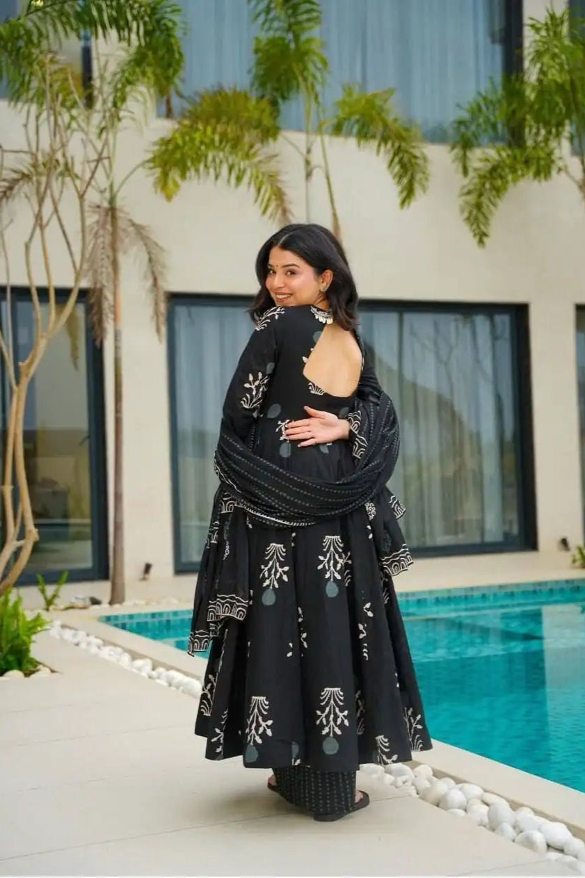 Designer Rayon Printed Suit Set - Black