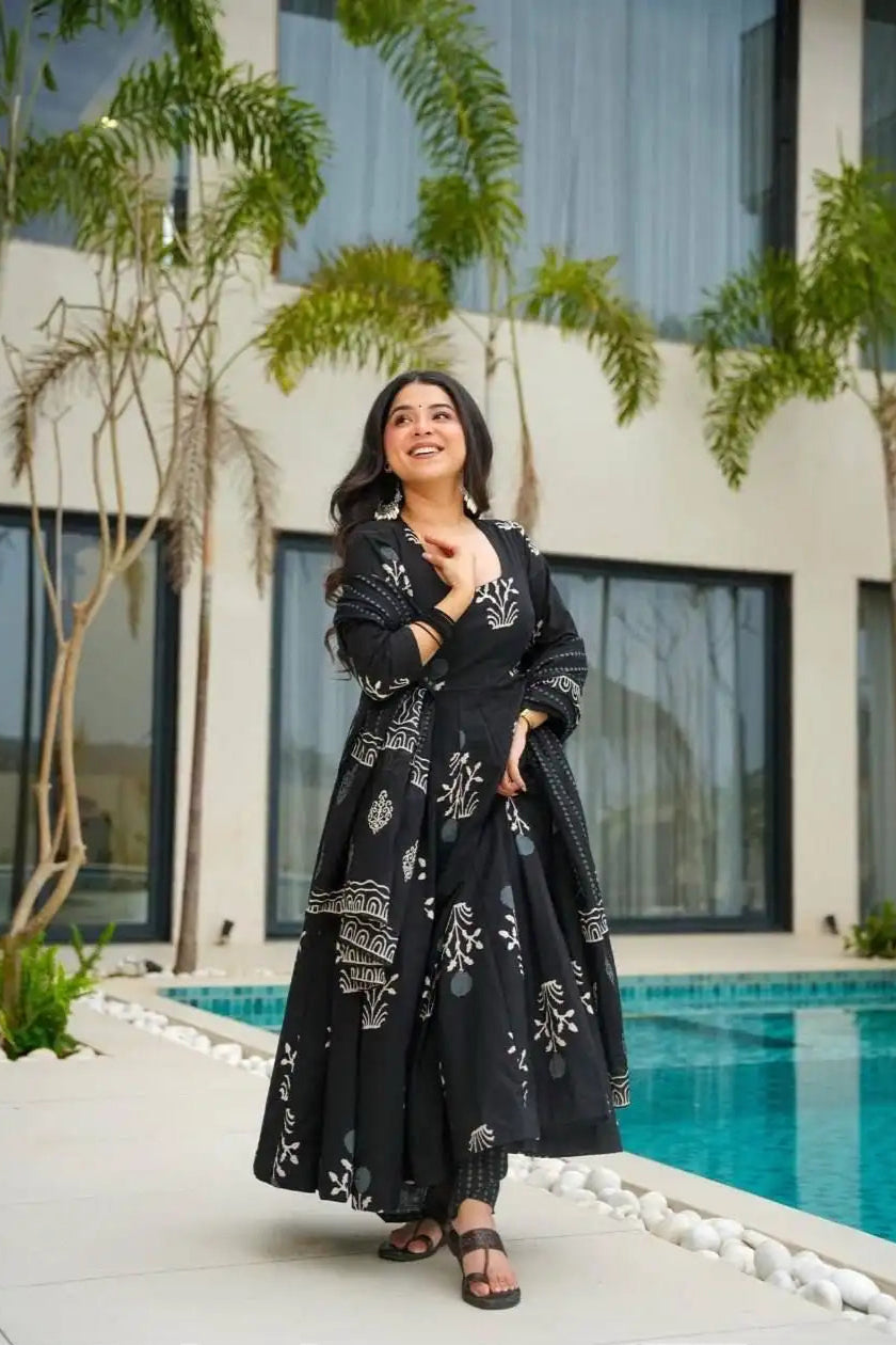 Designer Rayon Printed Suit Set - Black