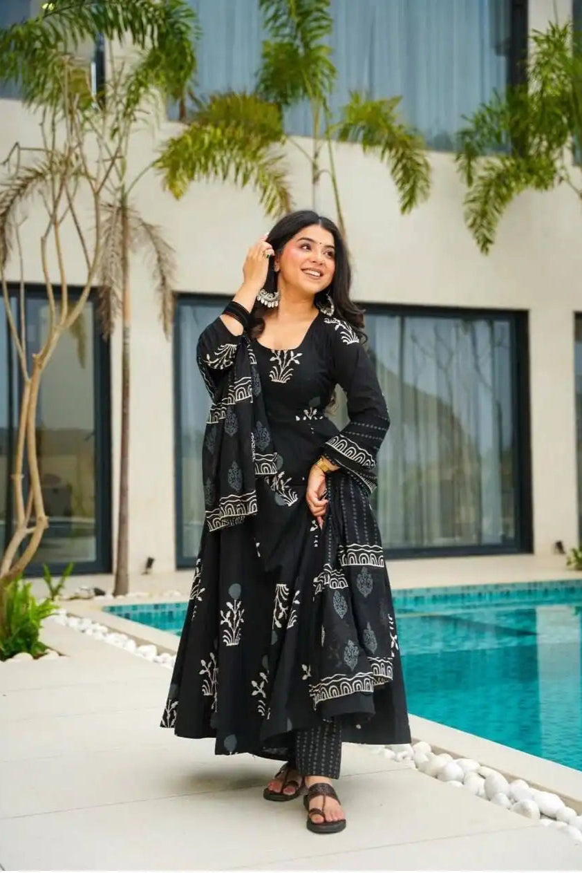 Designer Rayon Printed Suit Set - Black