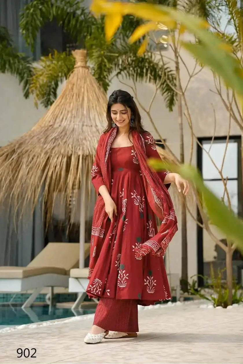 Designer Rayon Printed Suit Set - Maroon