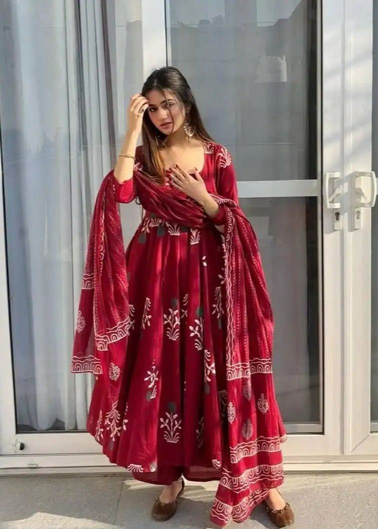 Designer Rayon Printed Suit Set - Maroon