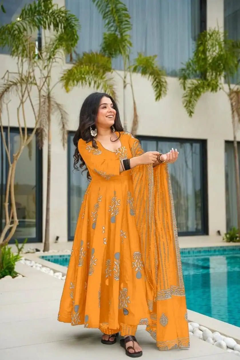 Designer Rayon Printed Suit Set - Yellow