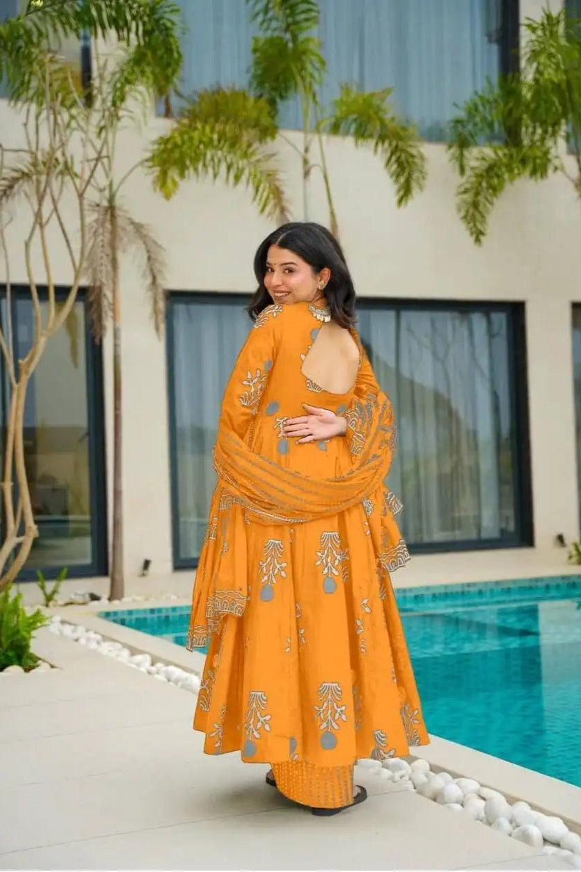 Designer Rayon Printed Suit Set - Yellow