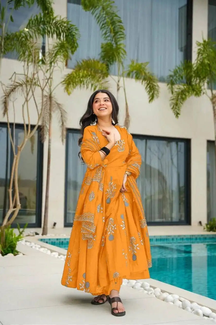 Designer Rayon Printed Suit Set - Yellow