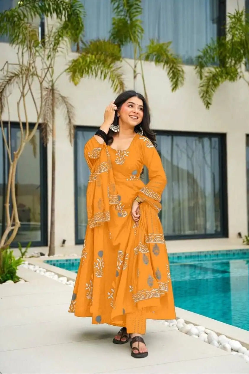 Designer Rayon Printed Suit Set - Yellow