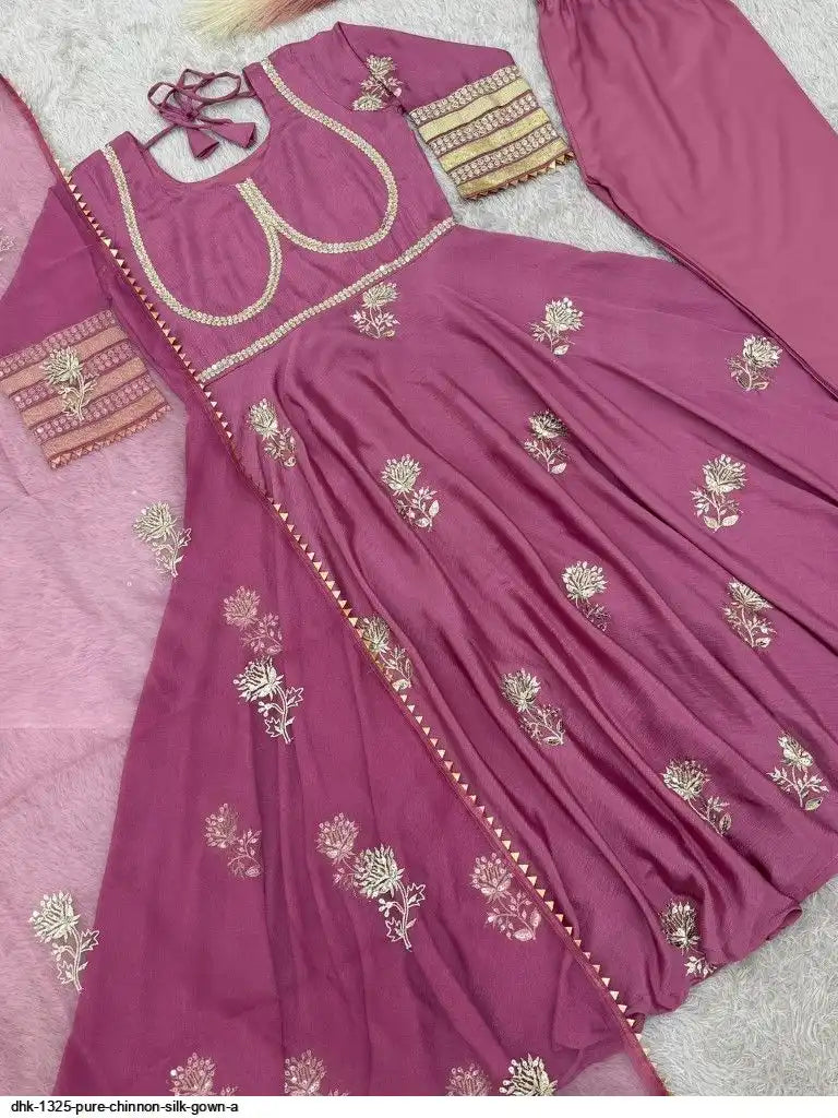 Purple Anarkali Gown Set in Chinon Silk with Heavy Work - Purple