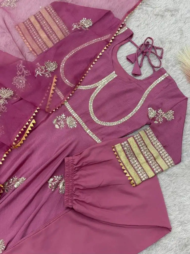 Purple Anarkali Gown Set in Chinon Silk with Heavy Work - Purple