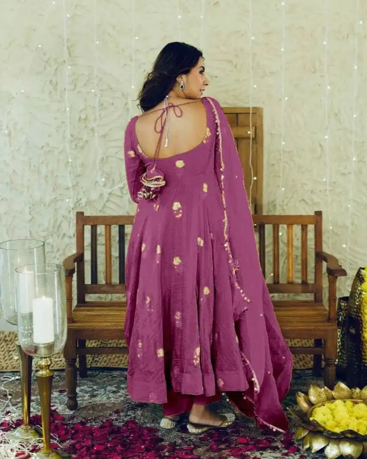 Purple Anarkali Gown Set in Chinon Silk with Heavy Work - Purple
