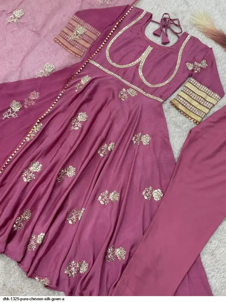 Purple Anarkali Gown Set in Chinon Silk with Heavy Work - Purple