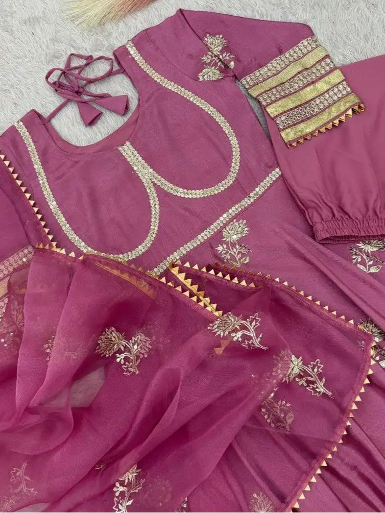 Purple Anarkali Gown Set in Chinon Silk with Heavy Work - Purple