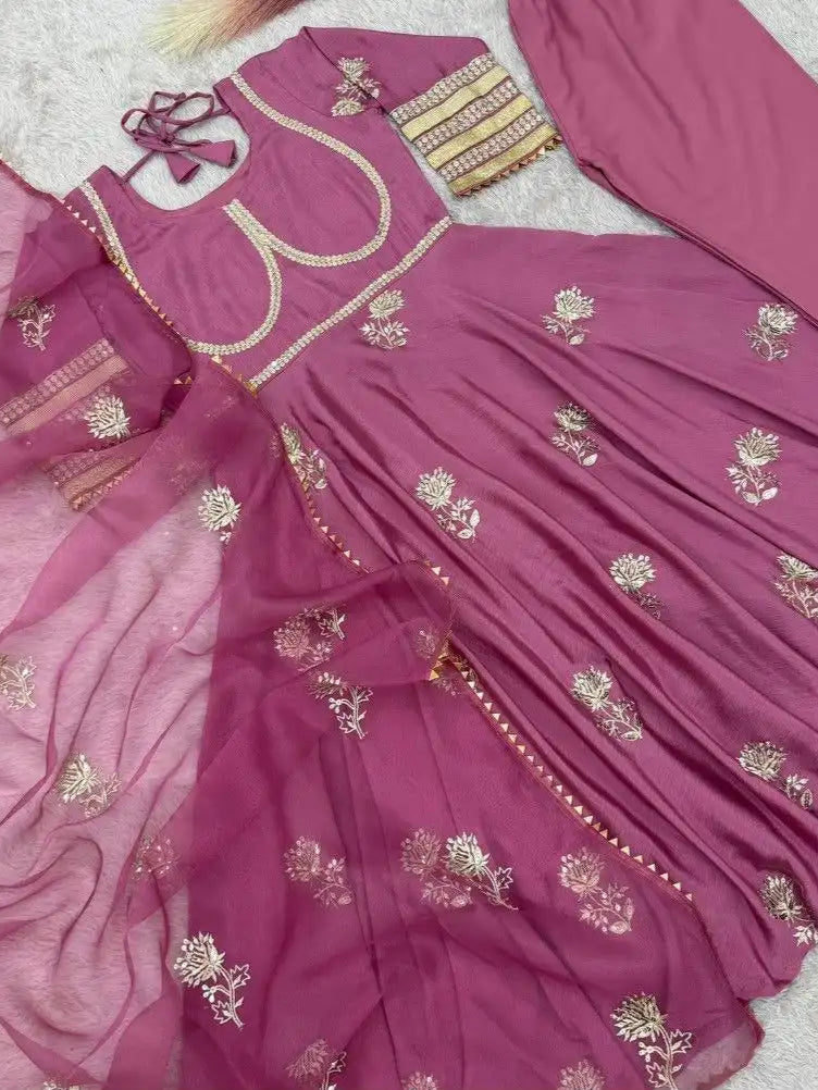 Purple Anarkali Gown Set in Chinon Silk with Heavy Work - Purple