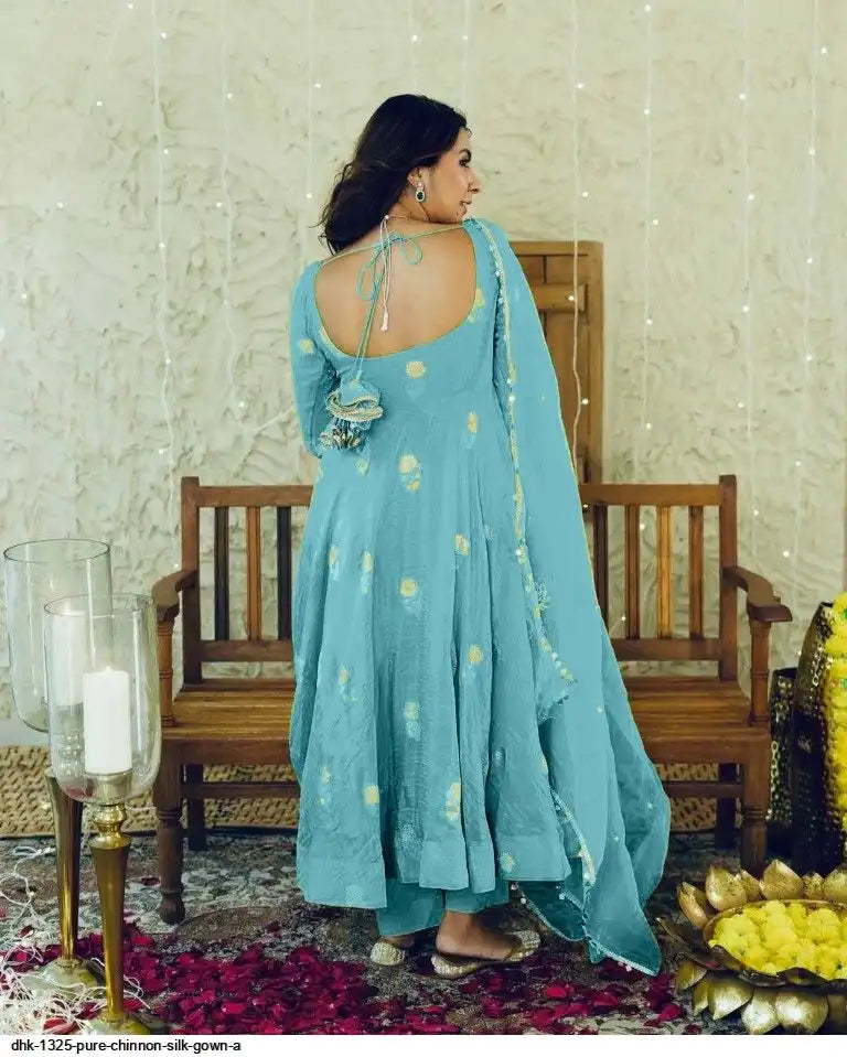 Sky Blue Anarkali Gown Set in Chinon Silk with Heavy Work