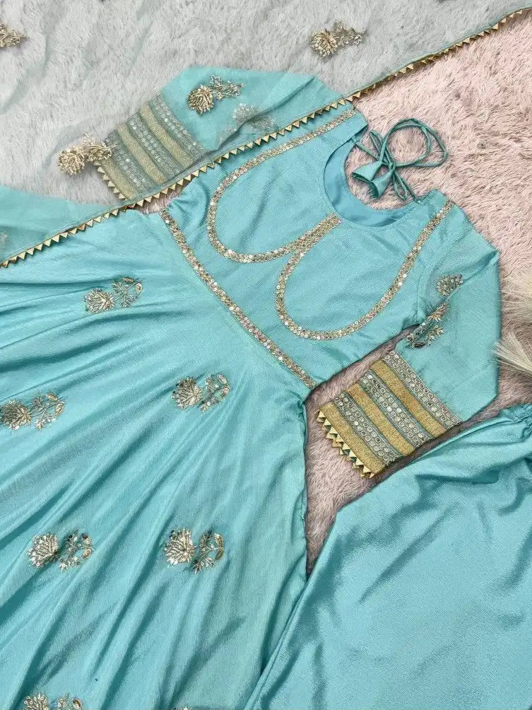 Sky Blue Anarkali Gown Set in Chinon Silk with Heavy Work