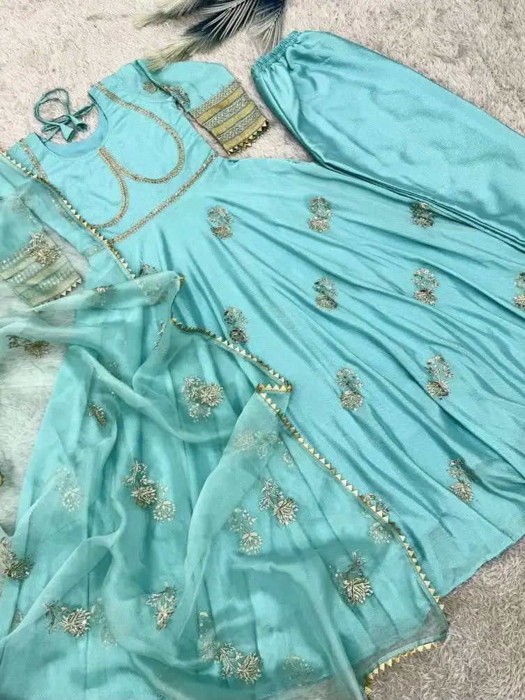Sky Blue Anarkali Gown Set in Chinon Silk with Heavy Work