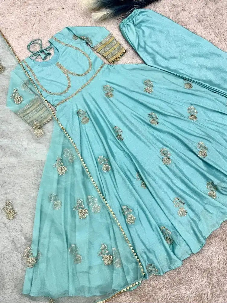 Sky Blue Anarkali Gown Set in Chinon Silk with Heavy Work