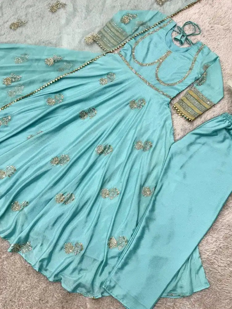 Sky Blue Anarkali Gown Set in Chinon Silk with Heavy Work
