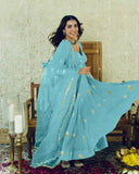 Sky Blue Anarkali Gown Set in Chinon Silk with Heavy Work