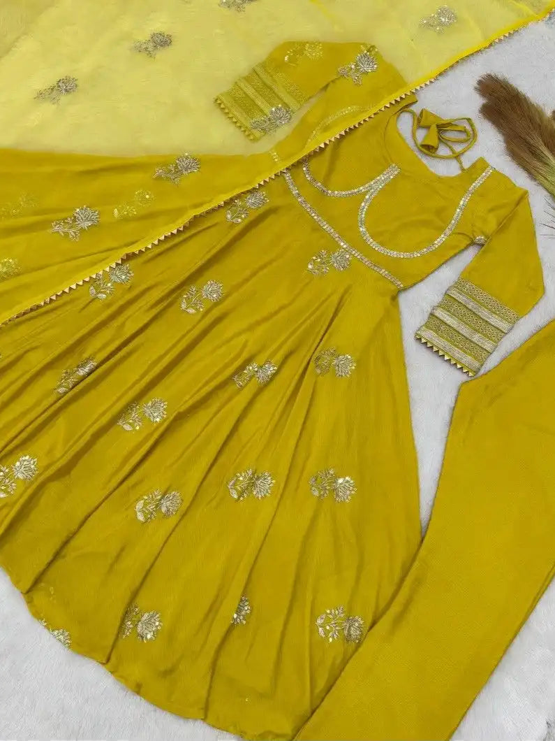 Yellow Anarkali Gown Set in Chinon Silk with Heavy Work