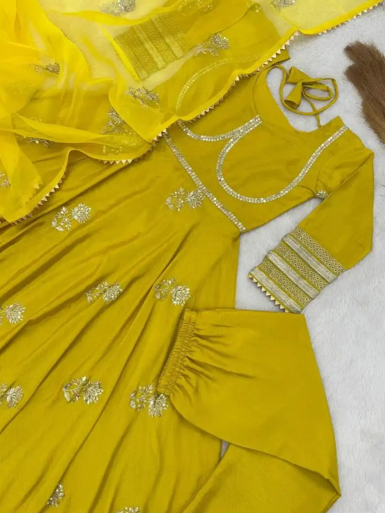 Yellow Anarkali Gown Set in Chinon Silk with Heavy Work