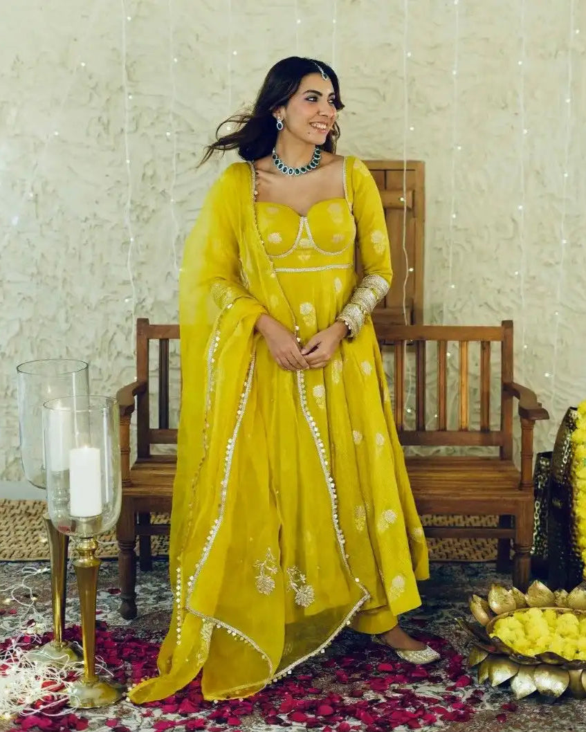 Yellow Anarkali Gown Set in Chinon Silk with Heavy Work