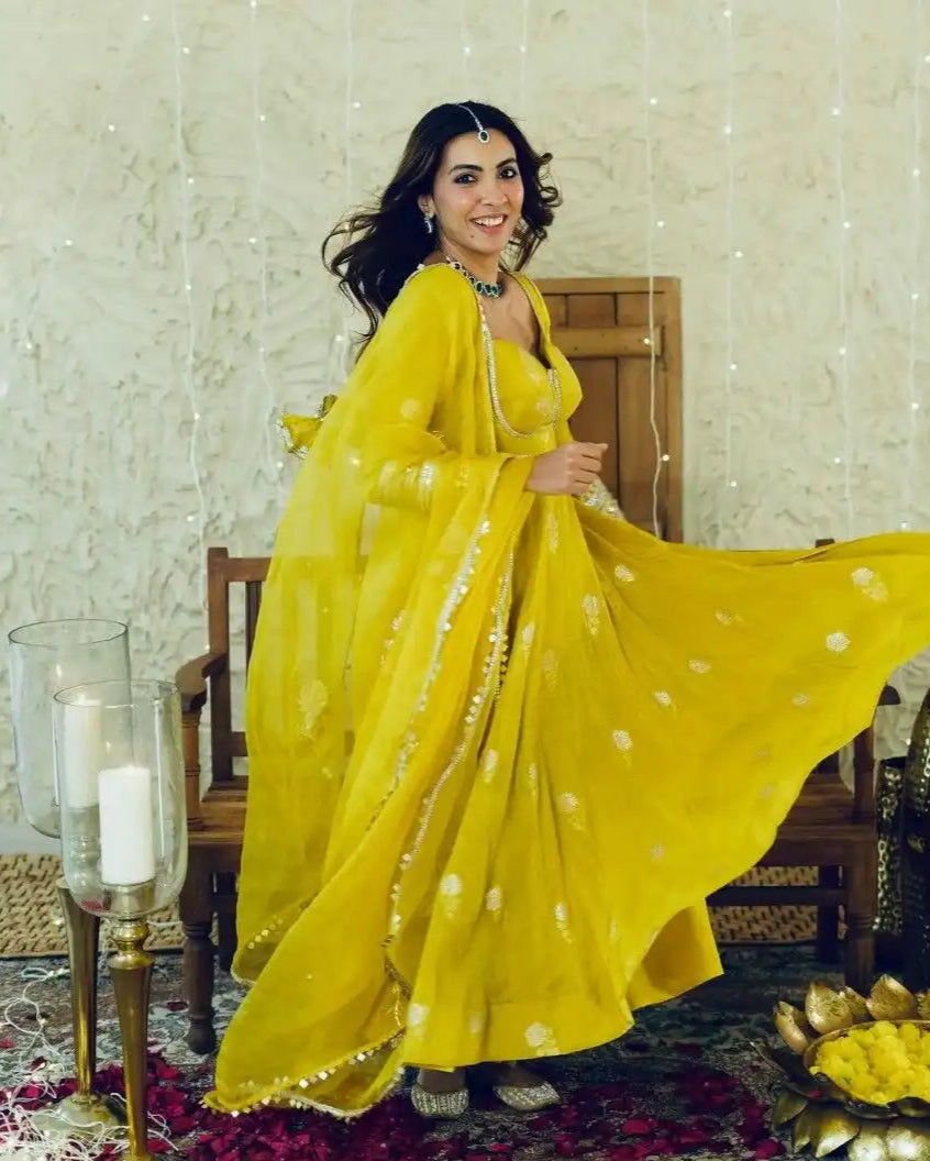 Yellow Anarkali Gown Set in Chinon Silk with Heavy Work