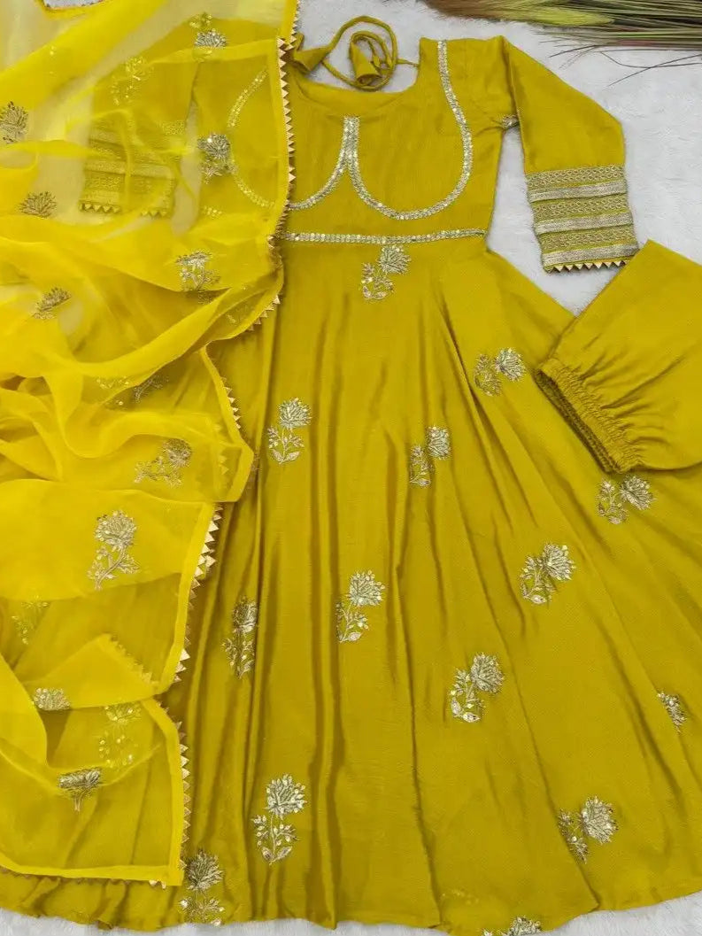 Yellow Anarkali Gown Set in Chinon Silk with Heavy Work