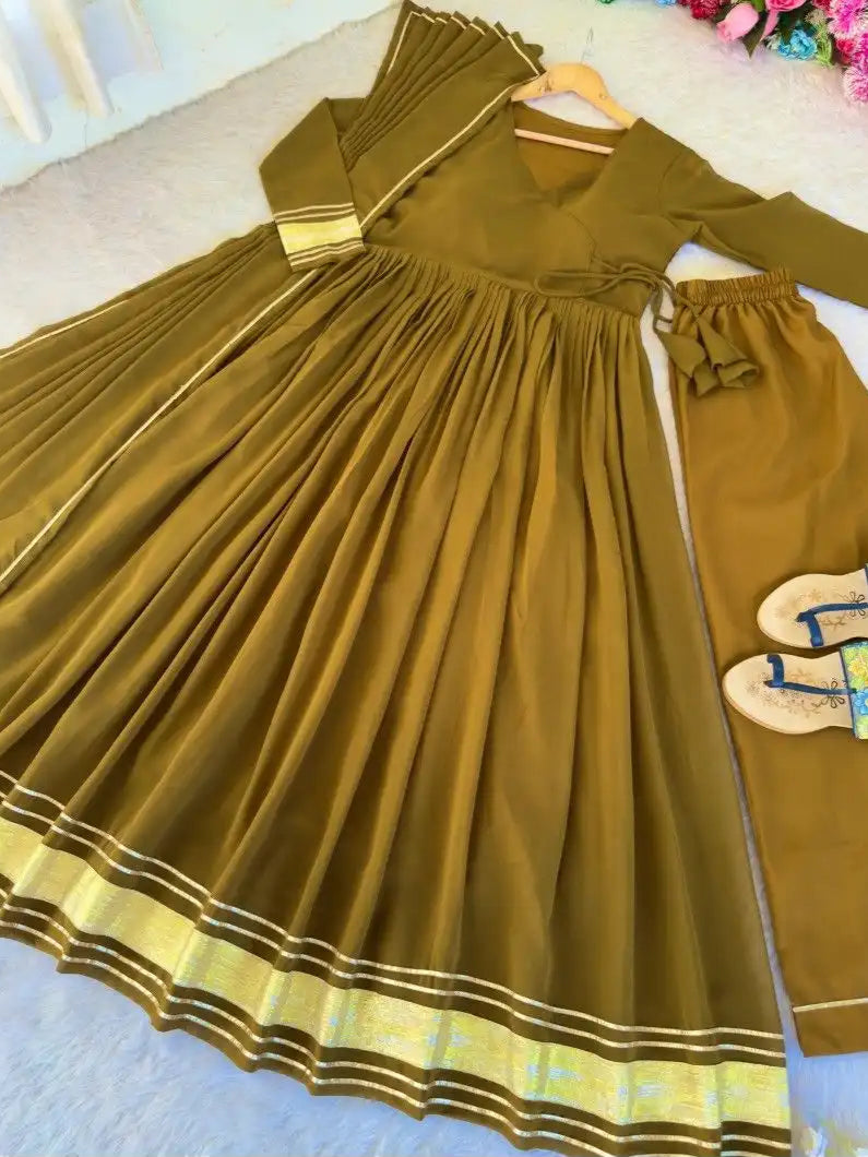 Mustard Yellow Georgette Gown Set With Palazzo & Dupatta