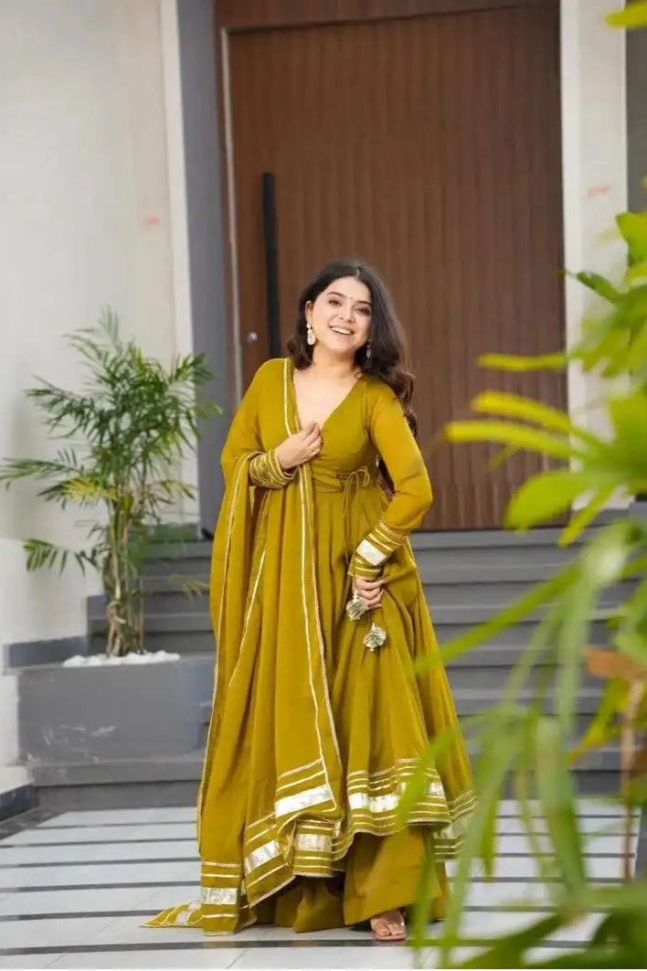 Mustard Yellow Georgette Gown Set With Palazzo & Dupatta