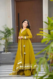Mustard Yellow Georgette Gown Set With Palazzo & Dupatta